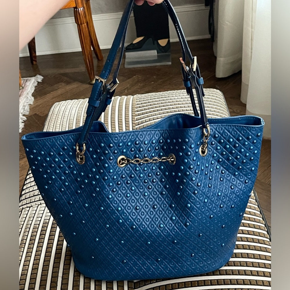 Tods Blue Studded Patent Leather Hand Bag